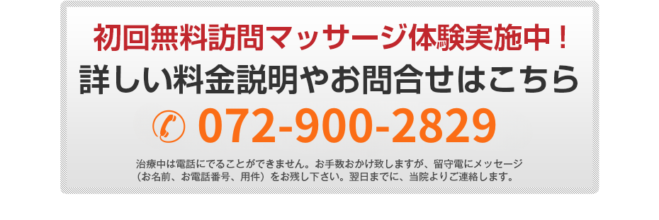 初回無料体験施術実施中!詳しい料金説明やお問合せはこちら 072-900-2829