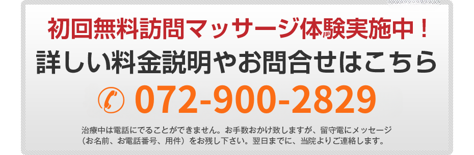 初回無料訪問マッサージ体験実施中!詳しい料金説明やお問合せはこちら072-900-2829